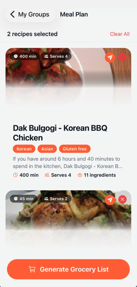 Meal plan with selected recipes