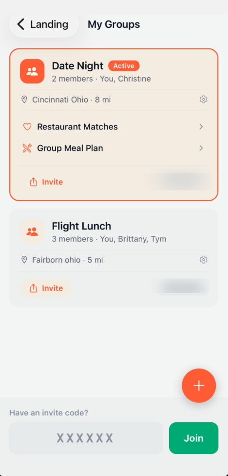 Groups screen with invite codes